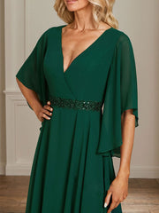 A-line V-Neck Floor-Length Chiffon Mother of the Bride Dress With Sequins Appliques Lace Beading