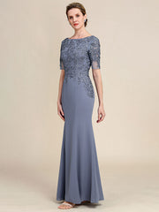 Grey Blue Mermaid Floor Length Chiffon Mother of Bride Dress With Appliques