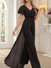 Jumpsuit/Pantsuit V-Neck Floor-Length Chiffon Evening Dress