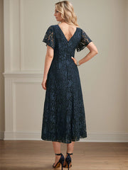 A-line V-Neck Tea-Length Lace Chiffon Mother of the Bride Dress
