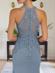 Dusty Blue Sheath Halter Long Mother of Bride Dress With Appliques
