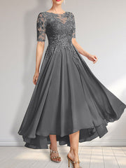 A-line Scoop Illusion Asymmetrical Chiffon Lace Mother of the Bride Dress With Sequins