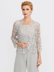 3 Piece Chiffon Square Neck Mother of the Bride Pantsuits with Jacket