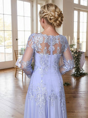 A-line Bateau Long Sleeves Appliques Lace Sweep Train Chiffon Mother of the Bride Dres