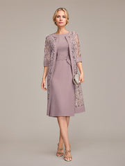 Sheath/Column Scoop Knee-Length Chiffon Mother of the Bride Dress With Pleated Sequins