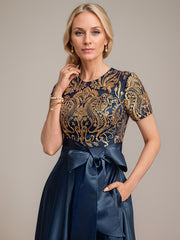 A-line Scoop Asymmetrical Satin Sequin Lace Mother of the Bride Dress With Bow