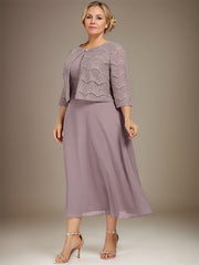 A-line Scoop Tea-Length Chiffon Mother of the Bride Dress With Pleated