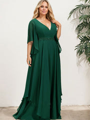 A-line V-Neck Floor-Length Chiffon Mother of the Bride Dress With Sequins Appliques Lace Beading