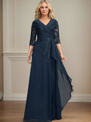 A-line Collared V-Neck Floor-Length Lace Chiffon Mother of the Bride Dress With Sequins Cascading Ruffles