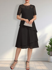 A-line Scoop Illusion Knee-Length Lace Chiffon Mother of the Bride Dress With Sequins