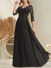 A-line V-Neck Floor-Length Lace Chiffon Mother of the Bride Dress With Sequins