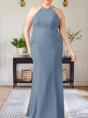 Dusty Blue Sheath Halter Long Mother of Bride Dress With Appliques