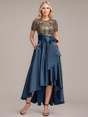 A-line Scoop Asymmetrical Satin Sequin Lace Mother of the Bride Dress With Bow