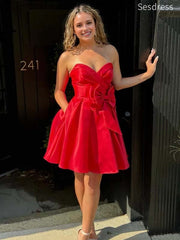 Gorgeous Red Sweetheart Strapless Bow Tie A-line Short Mini Dress Homecoming Dress