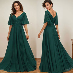 A-line V-Neck Floor-Length Chiffon Mother of the Bride Dress With Sequins Appliques Lace Pleated