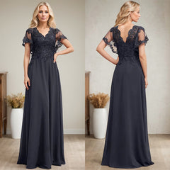 A-line V-Neck Floor-Length Lace Chiffon Mother of the Bride Dress With Sequins