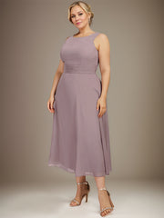 A-line Scoop Tea-Length Chiffon Mother of the Bride Dress With Pleated