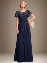 A-line Asymmetrical Illusion Floor-Length Lace Chiffon Mother of the Bride Dress With Cascading Ruffles Sequins