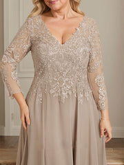 A-line V-Neck Floor-Length Lace Chiffon Mother of the Bride Dress With Sequins