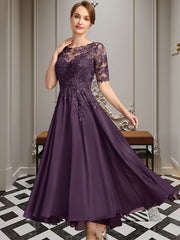 A-line Scoop Illusion Asymmetrical Chiffon Lace Mother of the Bride Dress With Sequins