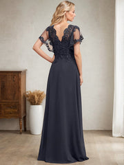 A-line V-Neck Floor-Length Lace Chiffon Mother of the Bride Dress With Sequins
