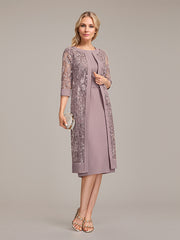 Sheath/Column Scoop Knee-Length Chiffon Mother of the Bride Dress With Pleated Sequins