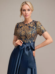 A-line Scoop Asymmetrical Satin Sequin Lace Mother of the Bride Dress With Bow