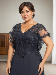 A-line V-Neck Floor-Length Lace Chiffon Mother of the Bride Dress With Sequins