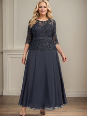 A-line Scoop Illusion Ankle-Length Chiffon Lace Mother of the Bride Dress With Rhinestone Beading