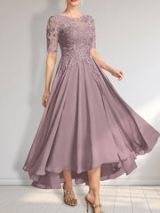 A-line Scoop Illusion Asymmetrical Chiffon Lace Mother of the Bride Dress With Sequins