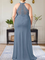 Dusty Blue Sheath Halter Long Mother of Bride Dress With Appliques