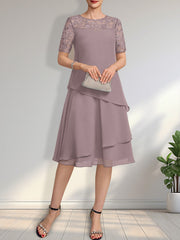 A-line Scoop Illusion Knee-Length Lace Chiffon Mother of the Bride Dress With Sequins