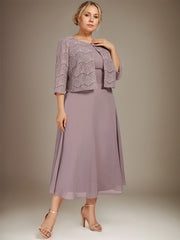 A-line Scoop Tea-Length Chiffon Mother of the Bride Dress With Pleated