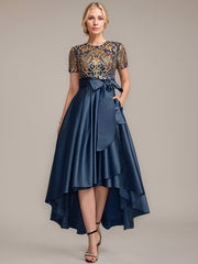 A-line Scoop Asymmetrical Satin Sequin Lace Mother of the Bride Dress With Bow