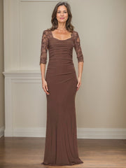 Sheath/Column Square Neckline 3/4 Sleeves Floor-Length Jersey Mother Of The Bride Dresses With Lace