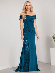 A-Line Off the Shoulder Floor-Length Chiffon Mother of the Bride Dress Applique Beadings Mermaid Dress With  High Split
