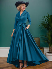 A-Line V-Neck 3/4 Sleeves Satin Mother Of The Bride Dresses With Pockets