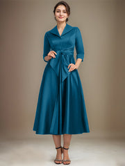 A-line V-Neck Collared Tea-Length Satin Mother of the Bride Dress