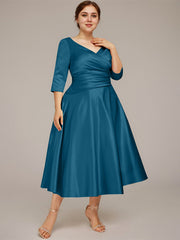 A-line V-Neck Tea-Length Satin Mother of the Bride Dress With Pleated