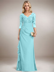 A-line V-Neck Floor-Length Lace Chiffon Mother of the Bride Dress With Cascading Ruffles