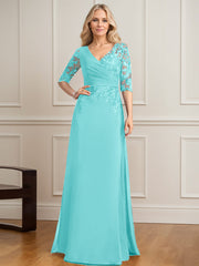 A-line V-Neck Floor-Length Lace Chiffon Mother of the Bride Dress With Pleated Sequins