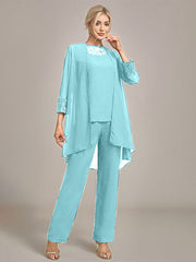 Navy Long Sleeves 3 Pieces Mother of the Bride Pant Suits