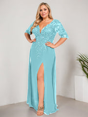 Sheath/Column V-Neck Floor-Length Lace Chiffon Mother of the Bride Dress With Sequins