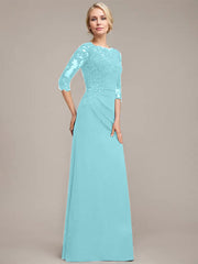 A-line Scoop Floor-Length Chiffon Lace Mother of the Bride Dress With Sequins Beading Pleated