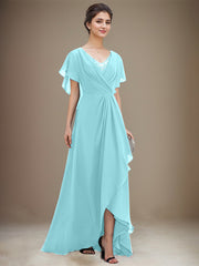 A-line V-Neck Asymmetrical Chiffon Mother of the Bride Dress With Sequins Beading Cascading Ruffles