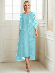 A-line Scoop Tea-Length Lace Chiffon Mother of the Bride Dress