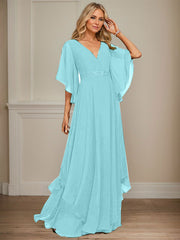 A-line V-Neck Floor-Length Chiffon Mother of the Bride Dress With Sequins Appliques Lace Beading