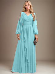 A-line Cold Shoulder V-Neck Floor-Length Chiffon Mother of the Bride Dress With Cascading Ruffles Beading