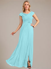 A-line Scoop Floor-Length Mesh Mother of the Bride Dress With Pleated Beading