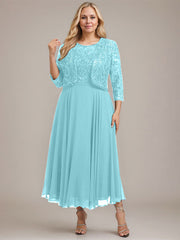 A-line Boat Neck Illusion Tea-Length Lace Chiffon Mother of the Bride Dress With Sequins
